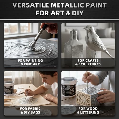Falling in Art 33.8 Oz Heavy Body Silver Metallic Acrylic Paint, Non-Toxic | Art Craft Paints for Canvas, Wood, Clay, Fabric, Metal, Furniture - color: Silver