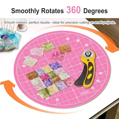 10"x10" Round Rotating Cutting Mat, Self Healing Mat with 360-Degree Rotation & Anti-Slip Base, Sewing Board Cutting Mat Perfect for Fabric Quilting Leather Hobby Project, Pink - color: Pink, size: 10"L x 10"W