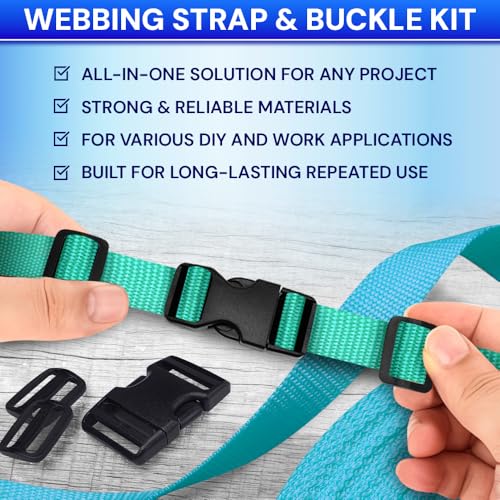 TECEUM 3/4" Nylon Strap Kit with Buckles, Turqouise 6 yards Repair Set | Heavy duty hardware kit: 6yd webbing, 6 quick release buckles, 12 tri-glide slide clips, 6 metal D-rings for crafting. - color: Turqouise, size: 3/4" - 6 yards, style: 6 Buckle - 12