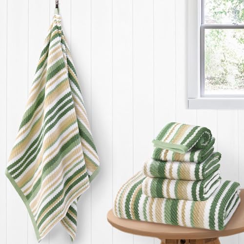 VOOVA & MOVAS Striped Towels 6 Pack, 100% Cotton, Sage Green - color: Sage + Green + Beige Striped, size: 6 PCS Bathroom Towels