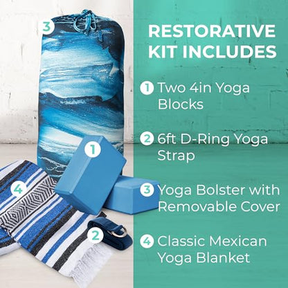 Mount Adams 5 Pack Restorative Yoga Kit for Home or Studio | Includes 1 Yoga Bolster (24"x10"x5"), 2 Yoga Blocks (4"x6"x9"), 1 6ft D-Ring Yoga Strap, 1 Classic Mexican Yoga Blanket