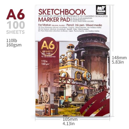 TRANSON 2 Pack A6 Mini Sketchbook Marker Pad, 110lb/160gsm Heavyweight Art Paper, No Bleed Through, 100 Sheets/200 Pages 4.13"x5.83" for Drawing & Sketching - size: 2 PACK A6 160gsm