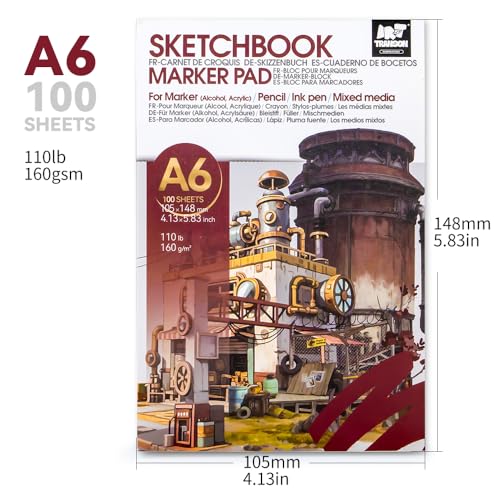 TRANSON A6 Mini Sketchbook Marker Pad, 110lb/160gsm Heavyweight Art Paper, No Bleed Through, 100 Sheets/200 Pages 4.13"x5.83" for Drawing & Sketching - size: A6 160gsm