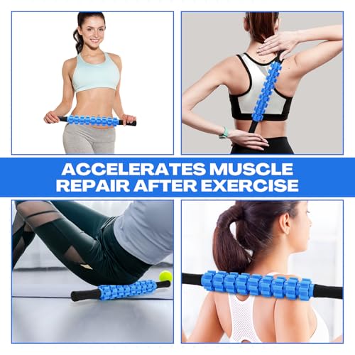 Hiboom 12 Pack Muscle Roller Stick with 9 Independent Rollers Massage Stick Anti-Slip Grip for Yoga Fitness Recovery Lymphatic Drainage Leg Back Pain Relief Athletes Runners Physical Therapy(Blue)