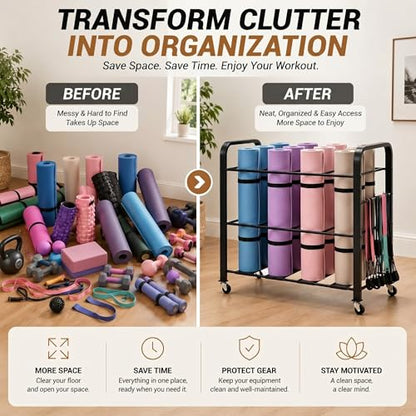 32'' x 21'' x 31'' Yoga Mat Storage Cart with Wheels, Floor Metal Gym Foam Rollers Storage Organizer, Yoga Mat Holder Basket for Commercial and Home Gym Accessories