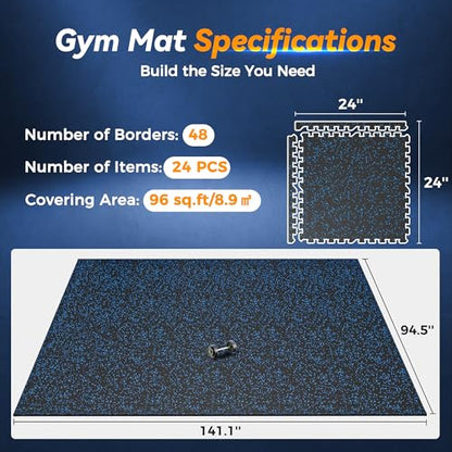 SUPERJARE 1" Extra-Thick Rubber Top Exercise Mat, Gym Flooring for Home Gym | Puzzle Gym Mat for Workout Equipment, Interlocking Floor Tiles with EVA Foam, 24 Pcs 96 Sq Ft, Black/Blue - size: 24 Tiles (96 Sq Ft)
