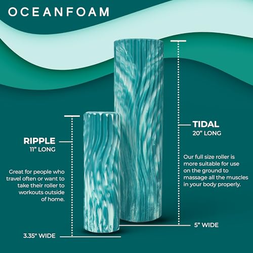 Oceanfoam Tidal Roller - Jade & Seafoam Marbled - Muscle Massage Foam Roller for Back Pain & Stretching - Firm and Ergonomic Wide Wave Textured - Yoga, Athletics, & Wellness - Full Size, 20" x 5"