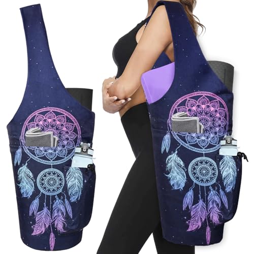 Yoga Mat Bag - Large Opening Long Tote Yoga Mat Carrier Holder Bag with Waterproof Wet Zipper Pocket and Drawstring Water Bottle Pocket - Yoga Bag Fit Most Size Mats - color: Dreamcatcher
