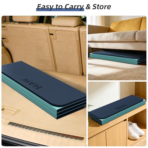 HAHE Foldable Yoga Exercise Mat, 74"Lx32"Wx1/3"Thick, TPE Workout Mat - color: Navy Blue+Green