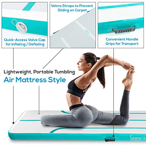 SereneLife Gymnastics Inflatable Air Tumbling Floor Mat Floating Water Mat 13FT, 4in Thickness for Outdoor/Home Indoor Use Tumbling, Training, Cheerleading, Yoga, Water with Electric Air Pump