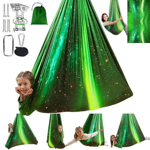Sensory Swing for Kids Indoor & Outdoor Double Layer Therapy Cuddle Hammock Chair with 360 Swivel Hanger Kit Adjustable Swing for Child and Adult with Aspergers Autism ADHD (Aurora Green) - color: Aurora Green