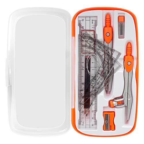 Akuoly Geometry Compass Set 2 Drafting Compasses with Maths Protractor Set Squares Ruler and More for Students Starters Homework etc. Orange