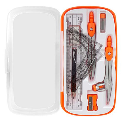 Akuoly Geometry Compass Set 2 Drafting Compasses with Maths Protractor Set Squares Ruler and More for Students Starters Homework etc. Orange