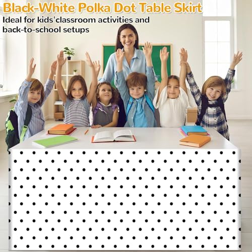 Wiooffen 9Ft Black and White Polka Dot Table Skirt Classroom Teacher Desk Curtain Skirts Tablecloth Rectangle Table Cover Skirt for Back to School Kindergarten Office Bookcase Supplies Painted Dot - style: Painted Dot