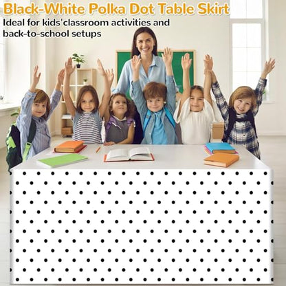 Wiooffen 9Ft Black and White Polka Dot Table Skirt Classroom Teacher Desk Curtain Skirts Tablecloth Rectangle Table Cover Skirt for Back to School Kindergarten Office Bookcase Supplies Painted Dot - style: Painted Dot