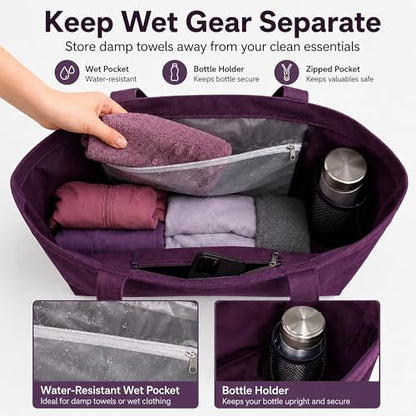 Yoga Mat Bag for Women, Pure Cotton Canvas Yoga Tote with Wet/Dry Pocket, Bottle Holder & Inner Zipper Pocket, Yoga Mat Carrier Bag for Pilates, Gym, Travel, Beach - color: Purple