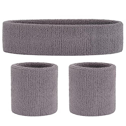 ONUPGO Sweatband Set Sports Headband Wristband Set Sweatbands Terry Cloth Wristband Wrist Sweatband Headbands Moisture Wicking Sweat Absorbing Head Band - color: Grey