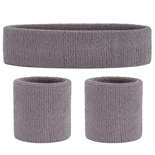 ONUPGO Sweatband Set Sports Headband Wristband Set Sweatbands Terry Cloth Wristband Wrist Sweatband Headbands Moisture Wicking Sweat Absorbing Head Band - color: Grey