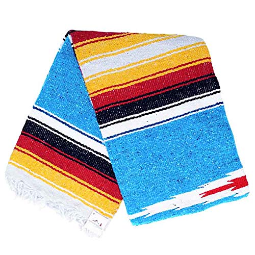 Open Road Goods Mexican Diamond Blanket - XL Heavyweight Yoga Blanket – Handmade in Mexico - Thick Boho Serape Saltillo Style Throw for Beach, Picnic, Home, Camping and More! (Sky Blue Sunset) - color: Sky Blue Sunset