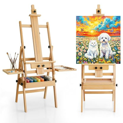 Beech Wood H-Frame Painting Easel Stand,Flat & Upright Adjustable Art Easel | Adjustable height 48"-80" & tilt 0°-90", fits 30"-50" canvas, Foldable wooden easel with storage drawer & trays for adults - color: Warm Natural