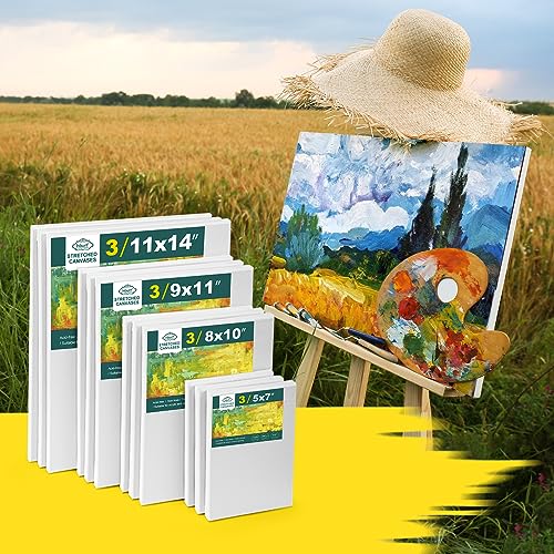 Inburit 12 PCS Multi Size Stretched Blank Canvas for Acrylic & Oil Painting | 12 Pack Canvas Boards for Painting, Art Supplies Paint Canvas, 5x7, 8x10, 9x12, and 11x14 inches (3 of each) - size: 12PCS+(4sizex3)