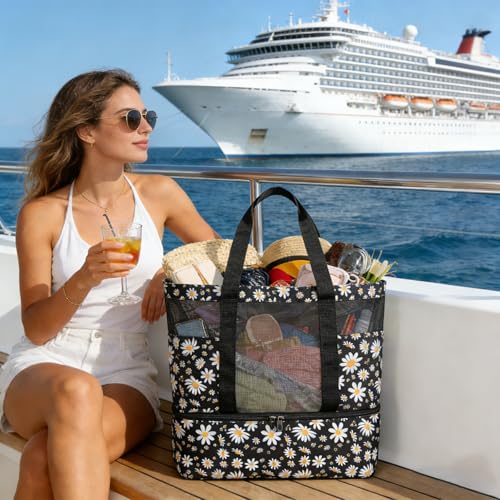 Mesh Tote Beach Bag with Leakproof Wet Compartment - color: Daisy