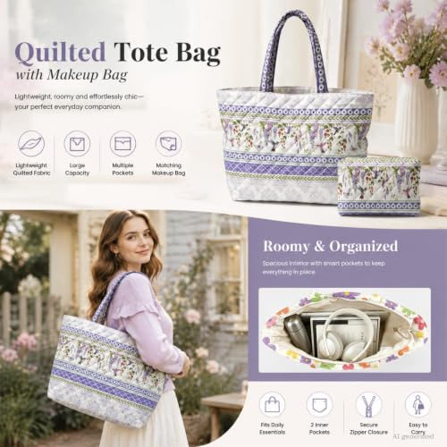 Quilted Tote Bag 2 Pack, Women's Tote Handbags for Work Travel - color: Soft Lavender Purple