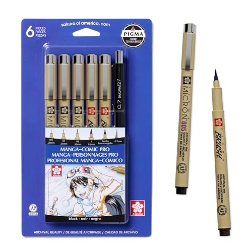 SAKURA 50201 6-Piece Pigma Manga Comic Pro Drawing Kit,Black | Pigment-Based Archival Ink for Manga & Anime Art, Detail Work, Waterproof, Fade-Resistant, No Bleed - style: 6 Pen Pack