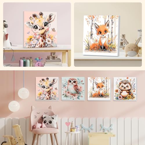 4 Pack Paint by Numbers Kit for Kids Beginner with Wooden Frame, Cute Giraffe, Owl, Fox, Hedgehog, Paint by Numbers Kit for Adults, Adorable Animal, DIY Painting Kits for Home Wall Decor 8x8 inch - color: animal-05
