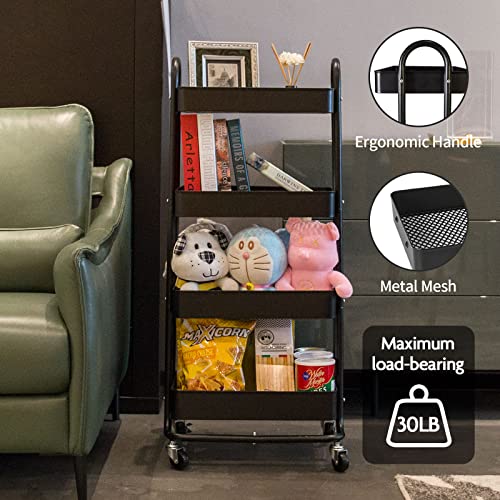 elabo 4-Tier Metal Mesh Utility Rolling Cart, Storage Organizer Trolley Services Cart with Lockable Wheels for Kitchen, Bathroom, Living Room (Black) - color: Black
