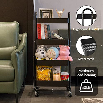 elabo 4-Tier Metal Mesh Utility Rolling Cart, Storage Organizer Trolley Services Cart with Lockable Wheels for Kitchen, Bathroom, Living Room (Black) - color: Black