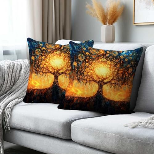 Tree of Life Throw Pillow Covers 18x18 Set of 2 | Blue Gold Decorative Cushion Covers | Mystical Tree Pillowcases for Sofa Couch Bed Living Room Bedroom Home Decor Accent - color: Tree of Life