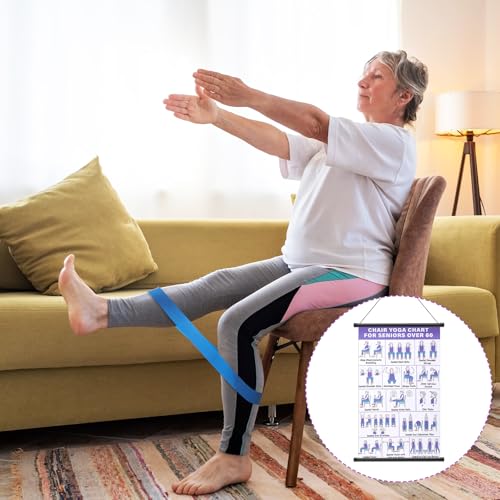 JolliLudo 2 Pcs Chair Yoga Wall Chart and 2 Pcs Elastic Band for Seniors Beginners, 31 Yoga Poses Fabric Poster with Hanging Rod & Rope, Foldable, Easy to Display for Home Office Living Room Decor