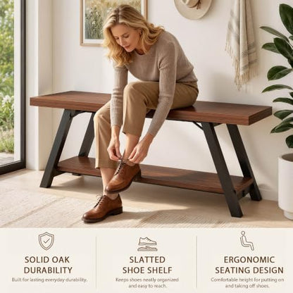 LVB Industrial Entryway Bench with Storage, Wood and Metal Bedroom Bench - color: Walnut