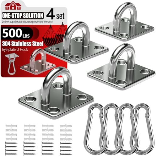 sprookber 304 Stainless Steel Pad Eye Snap Hook, M5 Ceiling Hook 500Lb,8Pcs | Hanging Kit with Screws for Hammock Chair Swing, Yoga Gym Equipment, Sun Shade Sail, Plant Hangers & Marine Boat Hardware - size: 2 Inch, style: Square