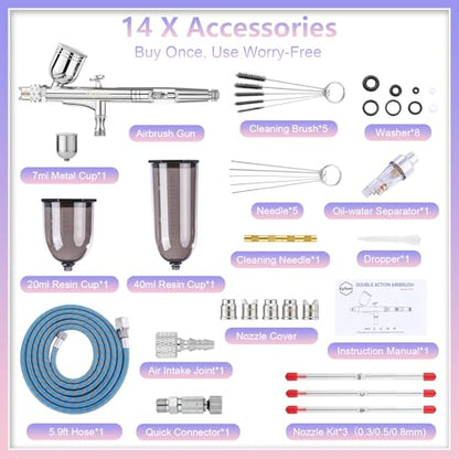 Gyfent Dual-Mode Airbrush Gun Kit with 3 Quick-Release Nozzle Sets | 0.3/0.5/0.8mm, Dual-Action Gravity Feed Air Brush with 1/4oz Fluid Cup & 20/40ml Resin Cup for Nail Art Painting Makeup Cake - size: Dual-Mode
