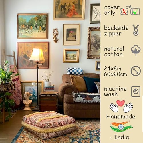 Mandala Life ART Bohemian Floor Cushion Cover - Pure Wool and Cotton Mix - 24x24x8 inches -Filler not Included - Artisan Hand Embroidery Patch Work - Boho Chic Luxury Moroccan Pouf Cover - color: Jaipur