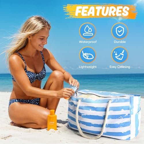 SRISE Large Beach Bag for Women & Men, Beach Bags Waterproof Sandproof, Travel Tote Bag, Swim Pool Bag for Family Outdoor - color: Blue White