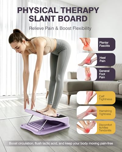 9-Level Adjustable Slant Board for Calf Stretching, Incline Board with 2 Resistance Bands, Portable Calf Stretcher for Teenagers, Office Foot Rest & Physical Therapy Equipment - color: Purple