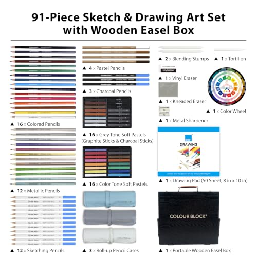 COLOUR BLOCK 91-PC Sketching & Drawing Set in Wooden Easel Case – All-in-One Mixed Media Art Supplies with Colored, Metallic, Charcoal & Pastel Pencils, Soft Pastels, Essential Tools and Drawing Pad