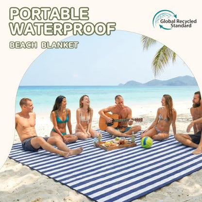 Genovega Waterproof Sandproof Beach Blanket Picnic Outdoor Mat Rug Extra Large Foldable Sand Free Big Giant XL Towel Car Essential Roadtrip Gadget Rv Accessories Gear Must Have Hiking Item Necessities - color: Stripe Navy