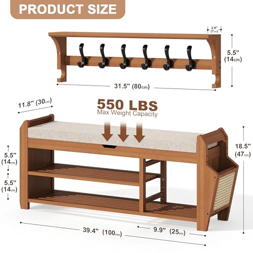 PETKABOO 39.4" Bamboo Shoe Rack Bench with Coat Rack, 3-Tier Entryway Bench with Thick Cushion, Flip-Top & Side Baskets, Holds Up to 550 LBS for Hallway, Living Room, Bedroom - color: 39.4" with Hook
