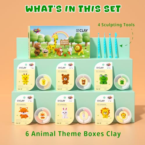 Air Dry Clay for Kids - 6 Animal Themed Modeling Clay Kit, Model Magic Clay with Sculpting Tools and Tutorials, Ultra Light & Soft, Non-Toxic & Safe, DIY Arts and Crafts School Projects for Kids - color: Animals