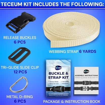 TECEUM 1" Nylon Strap Kit with Buckles, Cream 6 yards Repair Set | Heavy duty hardware kit: 6yd webbing, 6 quick release buckles, 12 tri-glide slide clips, 6 metal D-rings for crafting. - color: Cream, size: 1" - 6 yards, style: 6 Buckle - 12 Slides - 6 D