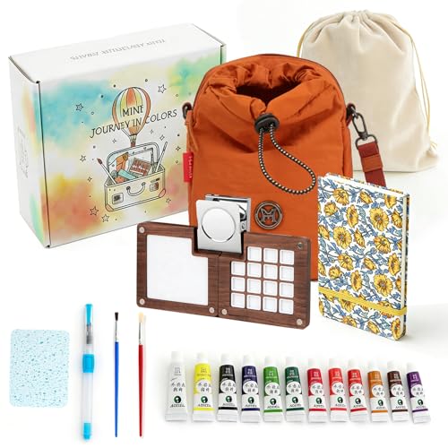 Mini Wooden Watercolor Paint Set, All-in-One Pocket Travel Art Kit: 15-Grid Palette, 12-Color Pigment, Brushes, Sketchbook, Clip, Sponge & Bags- Art Supplies Gift for Beginners & Artists DMCK003 - color: Sunshine Orange