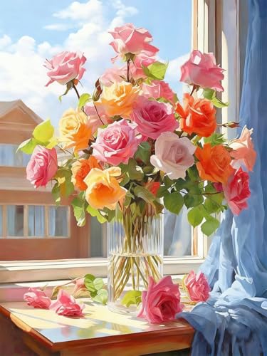 ZRIZQ Paint by Numbers Kit for Adults Beginner,Flowers 16x20 | Full set with wooden brushes,rolled canvas,rich paints.Calming activity.Beginner friendly.Just open and paint. - color: 16"X20"Rolled Canvas-Flowers 9