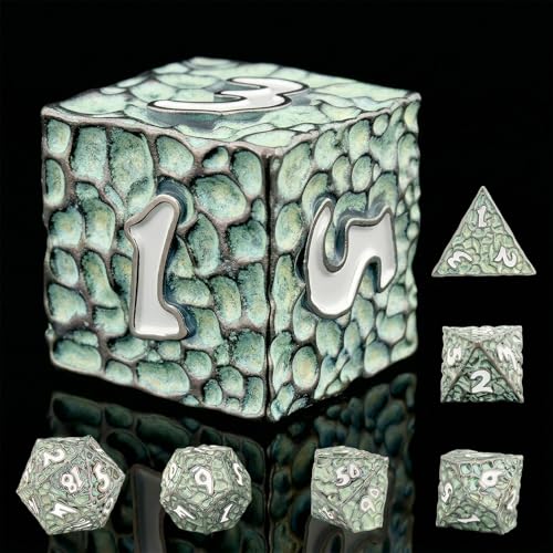 Haxtec Metal DND Dice Set, 7 Pcs Meteorite Texture Polyhedral Dice for RPG | White Number D&D with Leather Bag, Compatible with Dungeons and Dragons, Green Heavy Metallic, Gifts for DND Players Masters - color: Black Green White