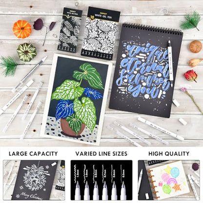 White Gel Pens, 6 Size Opaque White Ink Pens for Black Paper | White Pens for Sketching, Drawing, Journaling & DIY Crafts, Ideal Drawing Pens for Artists & Art Supplies - size: 6