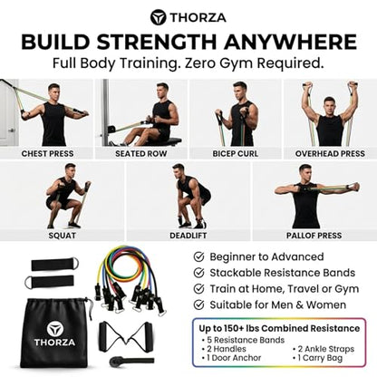 Thorza 11-Piece Tube Resistance Bands Set, Full Body Strength Training | 5 levels tube exercise bands without latex TPE, door anchor, handles, ankle straps & 1 bag