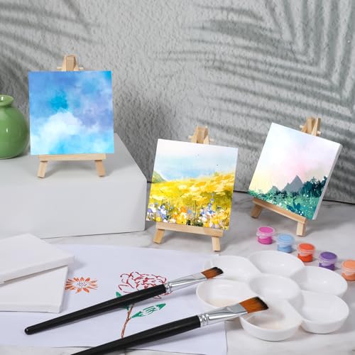 32 Pcs Mini Canvas with Easel Sets, 4 x 4 Inch Mini Square Canvases for Painting Small Blank Art Canvas with Wooden Easels for Acrylic Painting, Oil Paint for Adults, Kids, Crafts